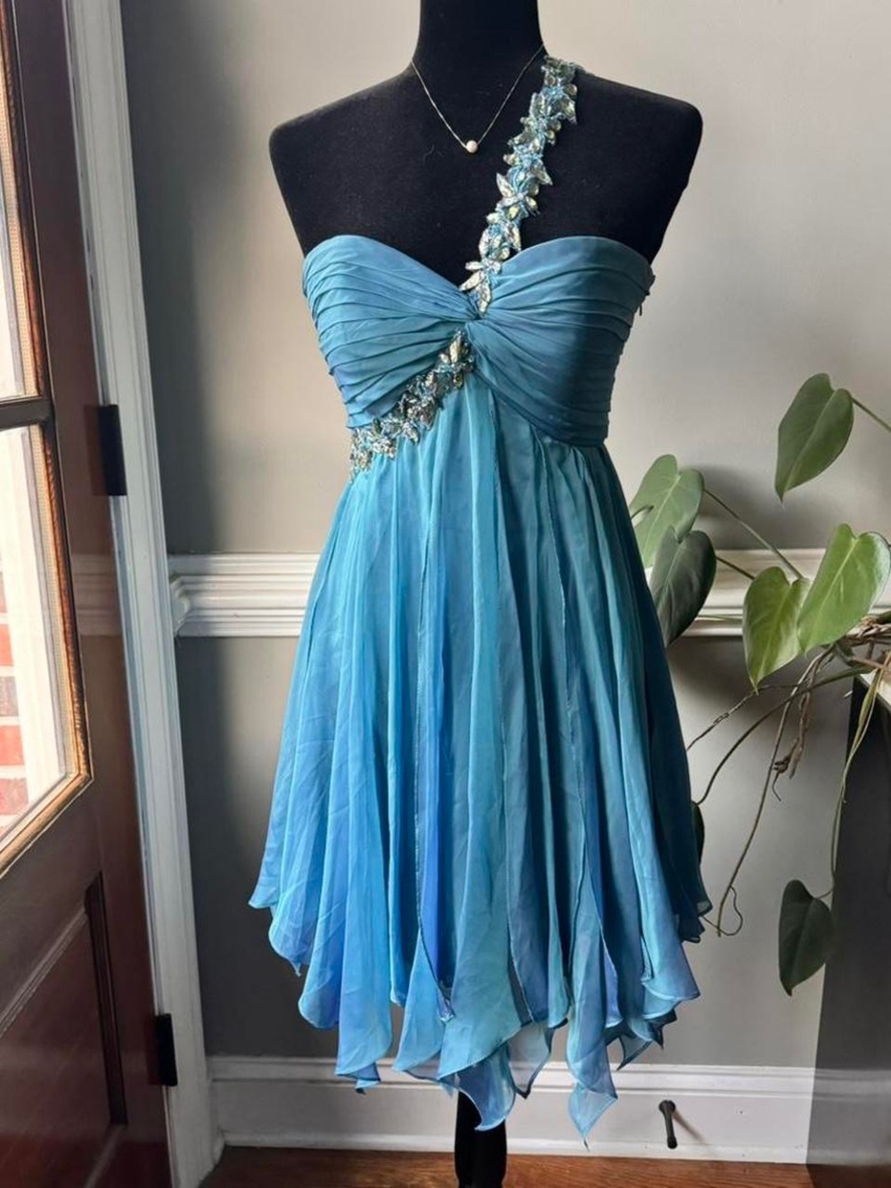 One-Shoulder Aqua Blue Embellished Maxi Dress